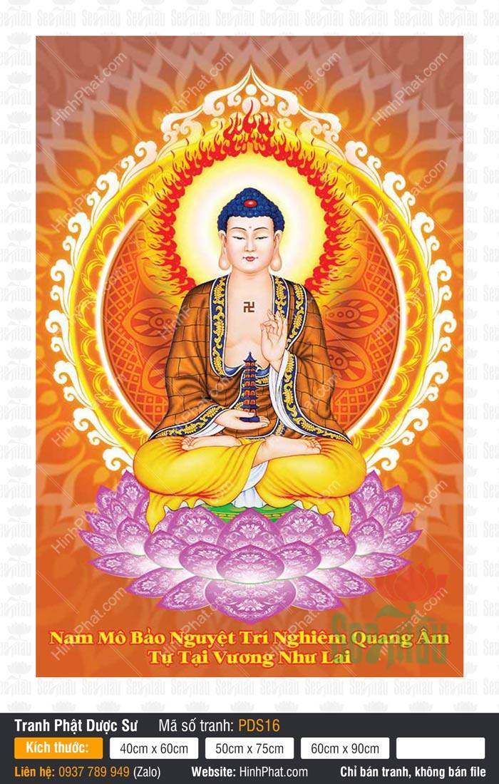 Dược Sư Lưu Ly Quang Vương Phật PDS16 Dược Sư Lưu Ly Quang Vương Phật PDS16 ngự tòa sen tím cầm bảo tháp xanh hào quang lửa