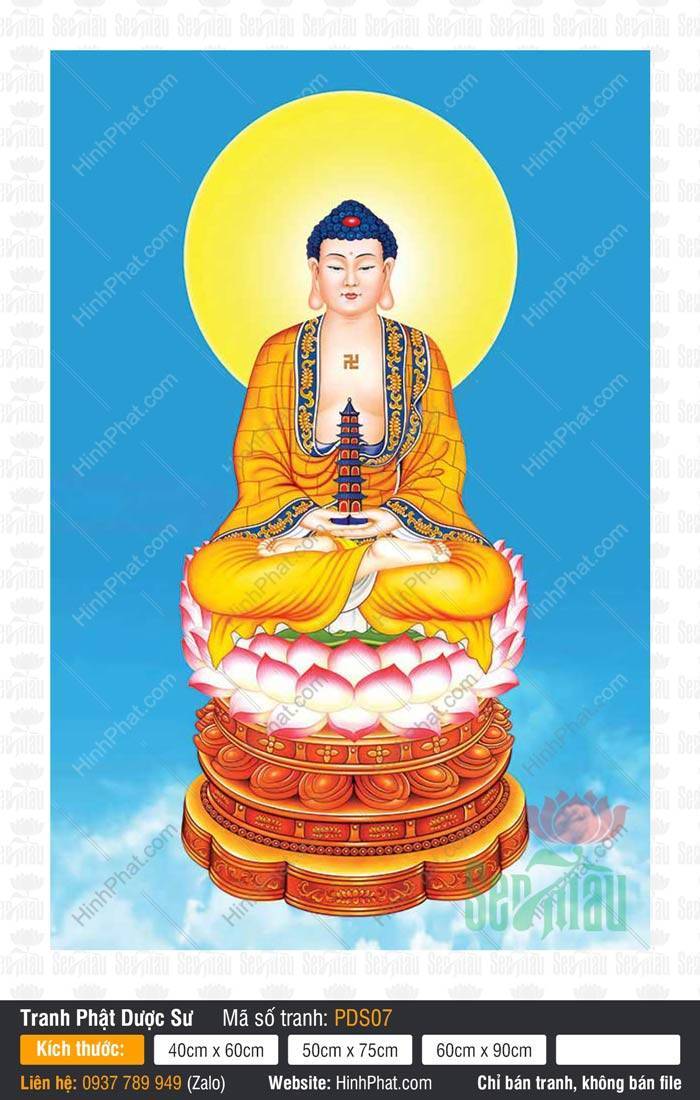 Hình Phật Dược Sư PDS07 Hình Phật Dược Sư PDS07 Ngài ngự tòa sen hồng tay cầm bảo tháp trên nền trời xanh