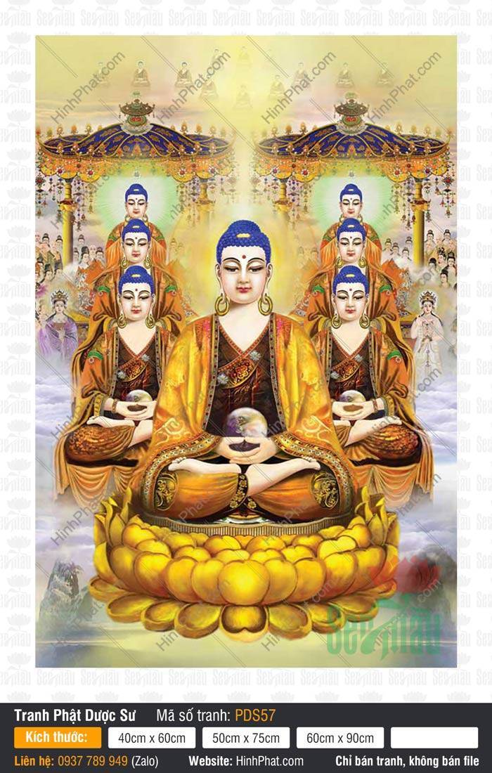 Hình Phật Dược Sư PDS57 Hình Phật Dược Sư PDS57 mô tả Thất Phật ngự trên đài sen vàng rực rỡ