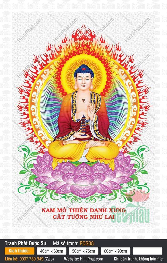 Hình Phật Dược Sư Chất Lượng Cao PDS08 Hình Phật Dược Sư Chất Lượng Cao PDS08 ngự trên đài sen tím tỏa hào quang lửa đỏ rực