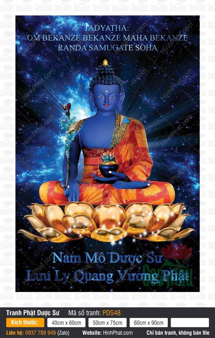 Hình Phật Dược Sư Chất Lượng Cao PDS48 Hình Phật Dược Sư chất lượng cao PDS48 thân xanh lưu ly ngồi trên đài sen vàng rực rỡ