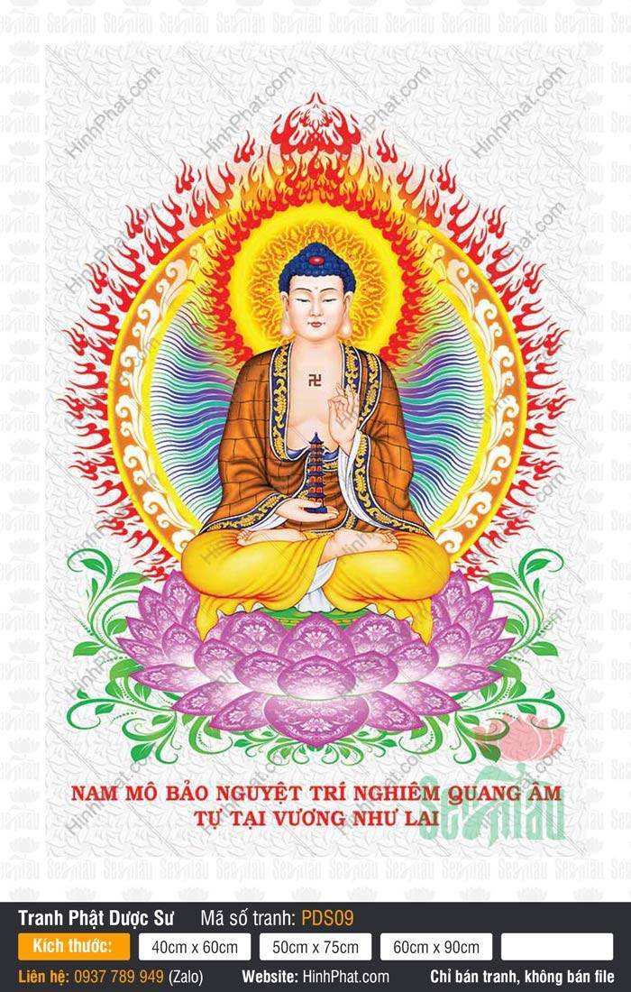 Hình Phật Dược Sư Đẹp PDS09 Hình Phật Dược Sư Đẹp PDS09 Đức Phật tọa thiền trên sen tím hào quang lửa đỏ