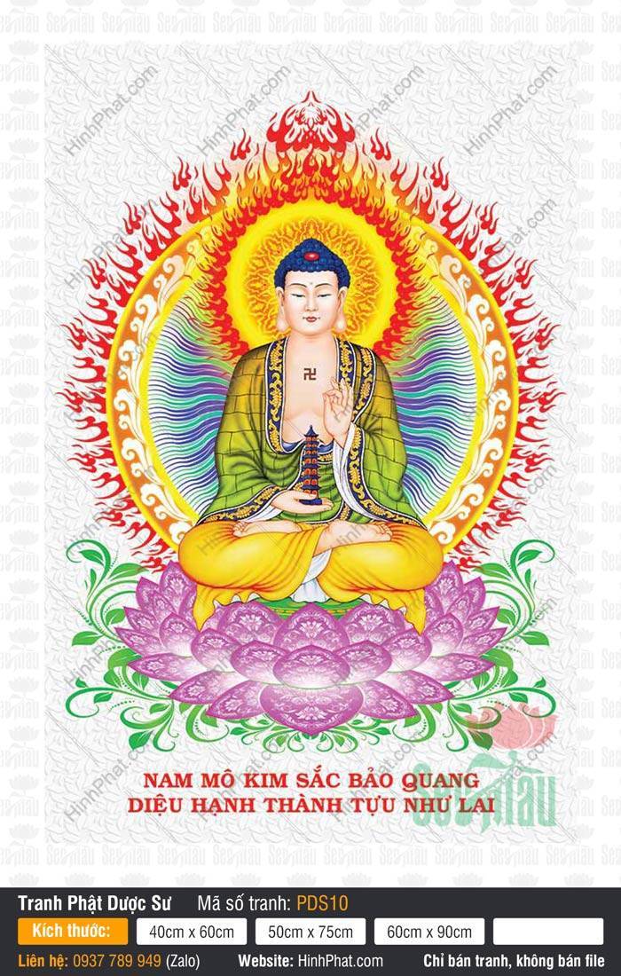 Hình Phật Dược Sư Đẹp nhất PDS10 Hình Phật Dược Sư Đẹp nhất PDS10 với hào quang lửa đỏ và bảo tháp lưu ly xanh