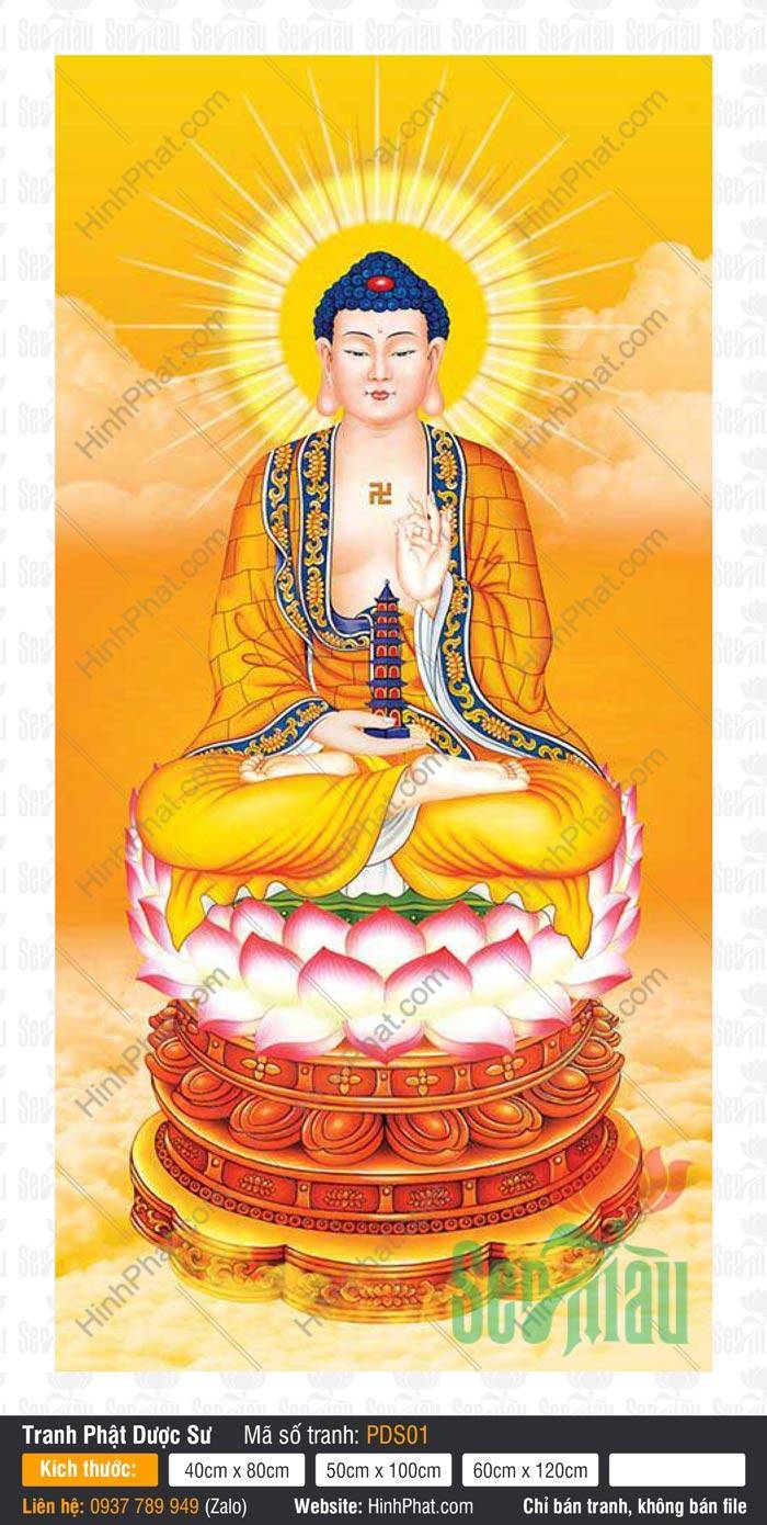 Phật Dược Sư PDS01 Phật Dược Sư PDS01 khắc họa hình ảnh Ngài cầm bảo tháp lưu ly ngự trên tòa sen hồng