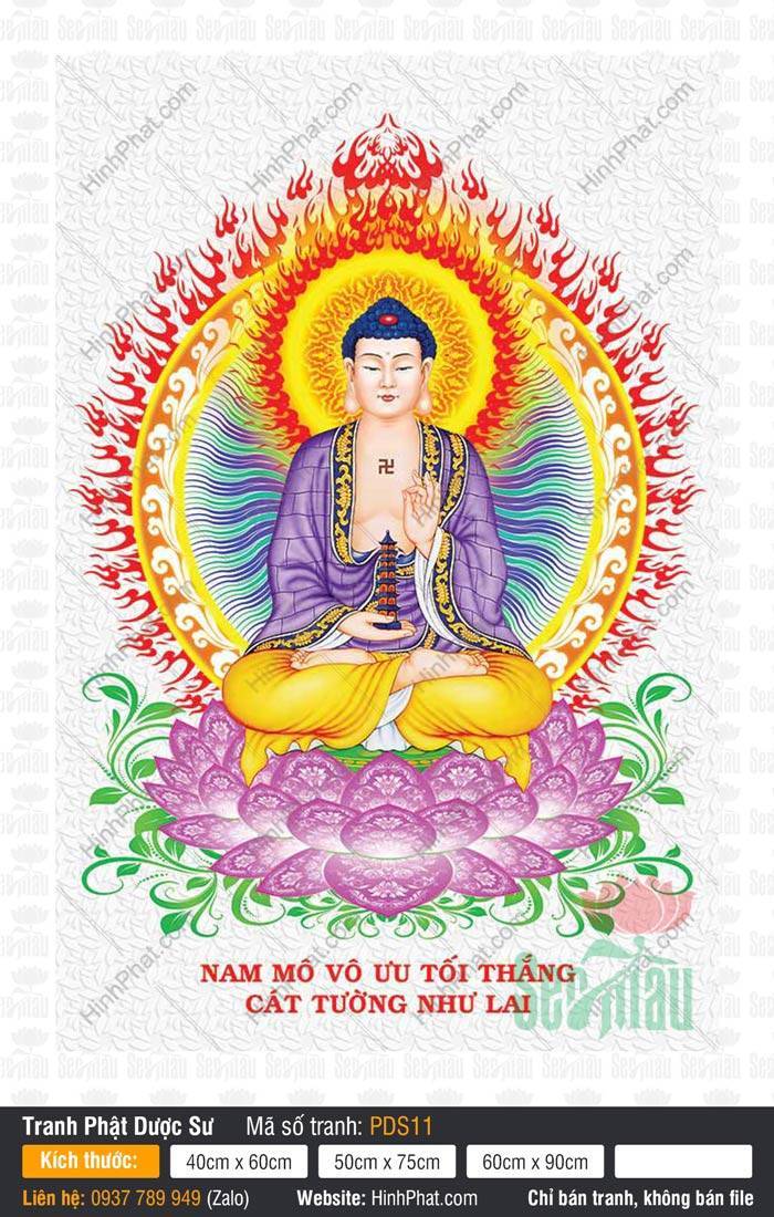 Phật Dược Sư PDS11 Phật Dược Sư PDS11 ngự trên đài sen tím với y áo tím và hào quang lửa đỏ rực rỡ