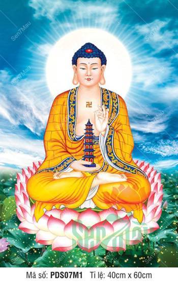 Tranh Phật Dược Sư Đẹp PDS07M1, tôn tượng tay nâng bảo tháp uy nghiêm
