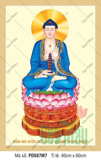 Tranh Phật Dược Sư PDS07M7, tôn tượng y xanh lưu ly thanh tịnh
