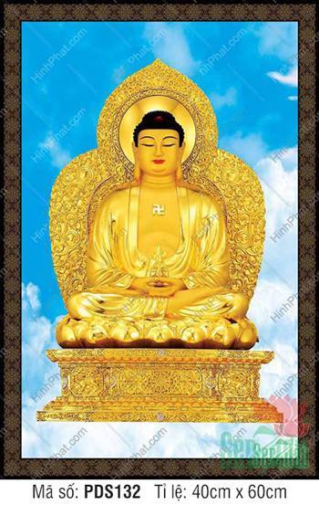 Tranh Phật Dược Sư PDS132, tôn tượng dát vàng nền trời xanh