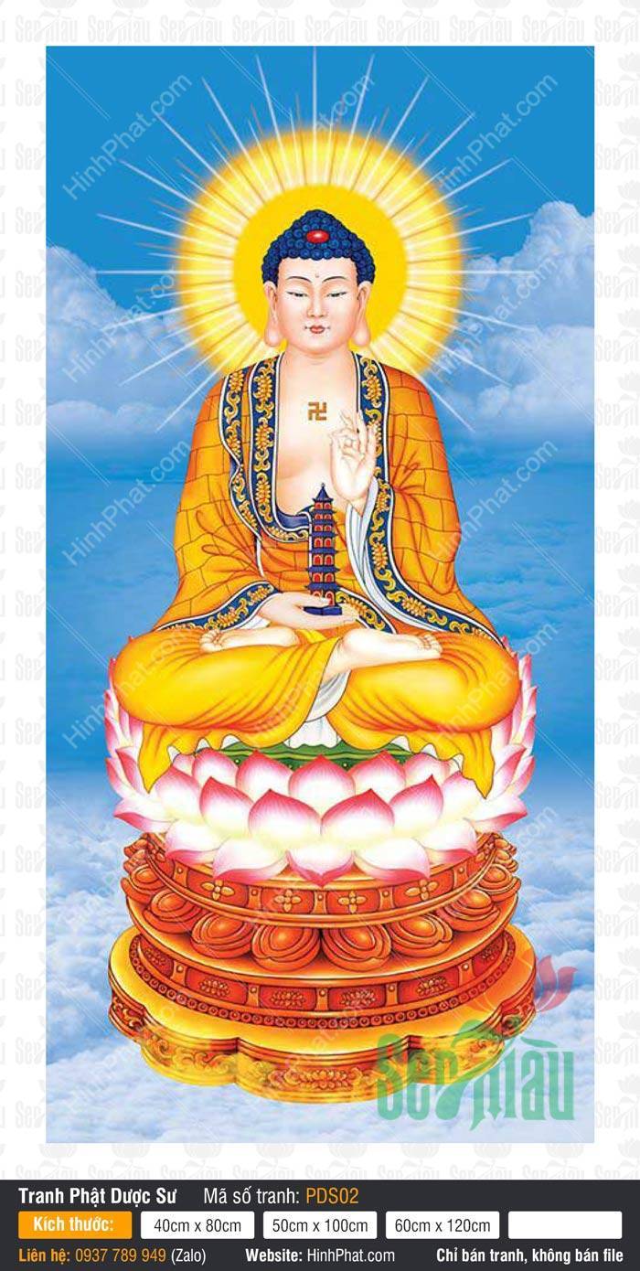 Tranh Phật Dược Sư PDS02 Tranh Phật Dược Sư PDS02 Ngài cầm bảo tháp ngự trên đài sen hồng giữa nền mây