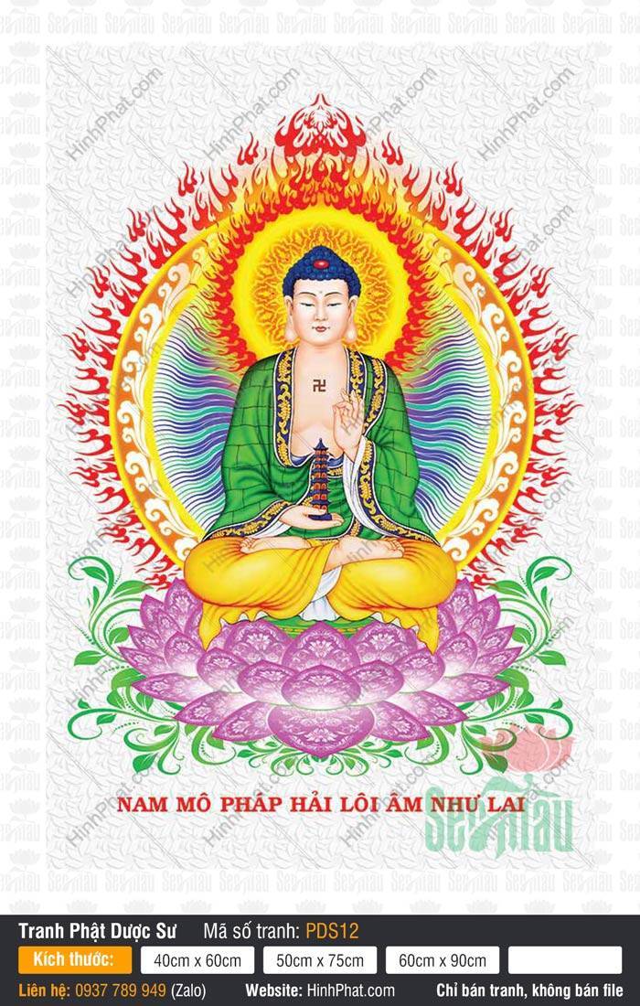 Tranh Phật Dược Sư PDS12 Tranh Phật Dược Sư PDS12 Đức Phật mặc y xanh lá tay nâng tháp bảo giữa hào quang lửa