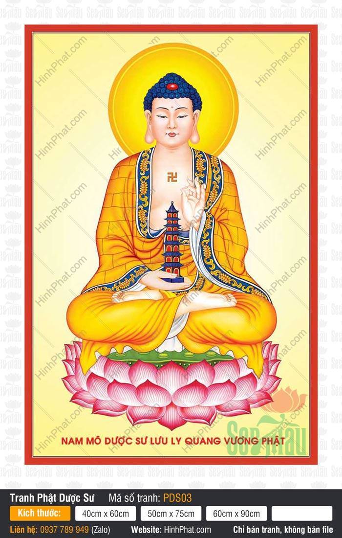 Tranh Phật Dược Sư Đẹp PDS03 Tranh Phật Dược Sư Đẹp PDS03 Đức Phật tọa thiền trên tòa sen hồng nâng bảo tháp xanh