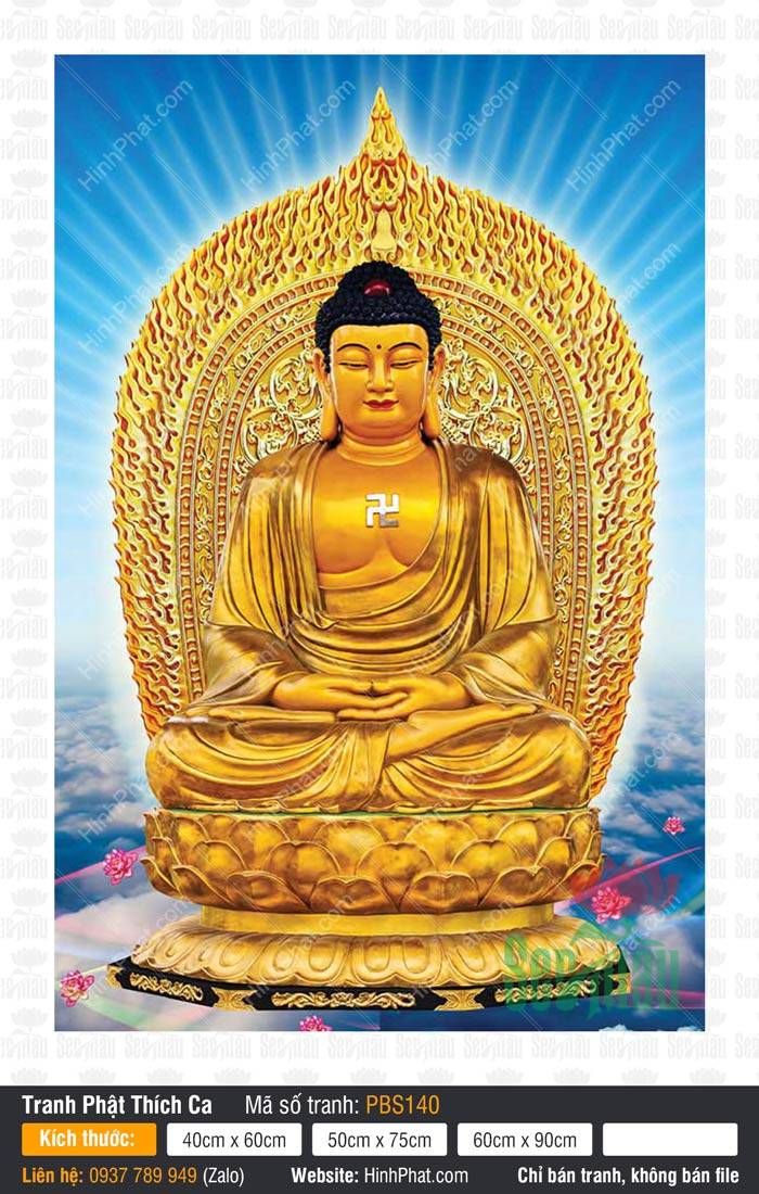 Ảnh Phật Thích Ca Đẹp PBS140 Ảnh Phật Thích Ca Đẹp PBS140 tôn tượng sắc vàng kim ngự trên đài sen vàng hào quang lửa