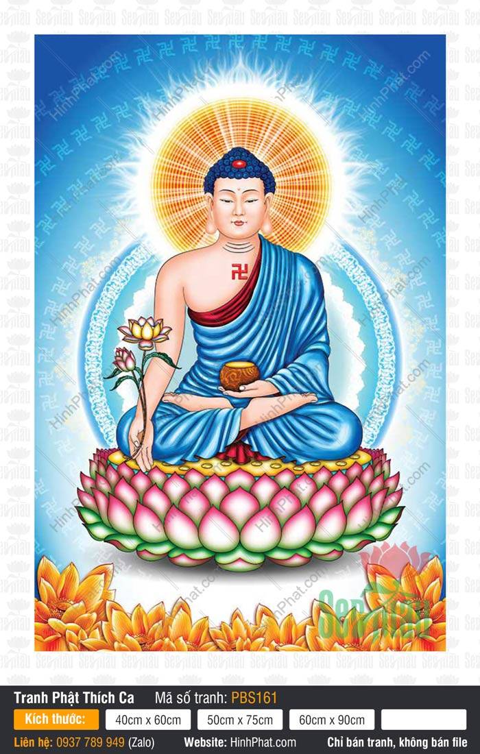Ảnh Phật Thích Ca Đẹp PBS161 Ảnh Phật Thích Ca Đẹp PBS161 Ngài mặc y xanh cầm nhành sen vàng tọa đài sen hồng rực rỡ