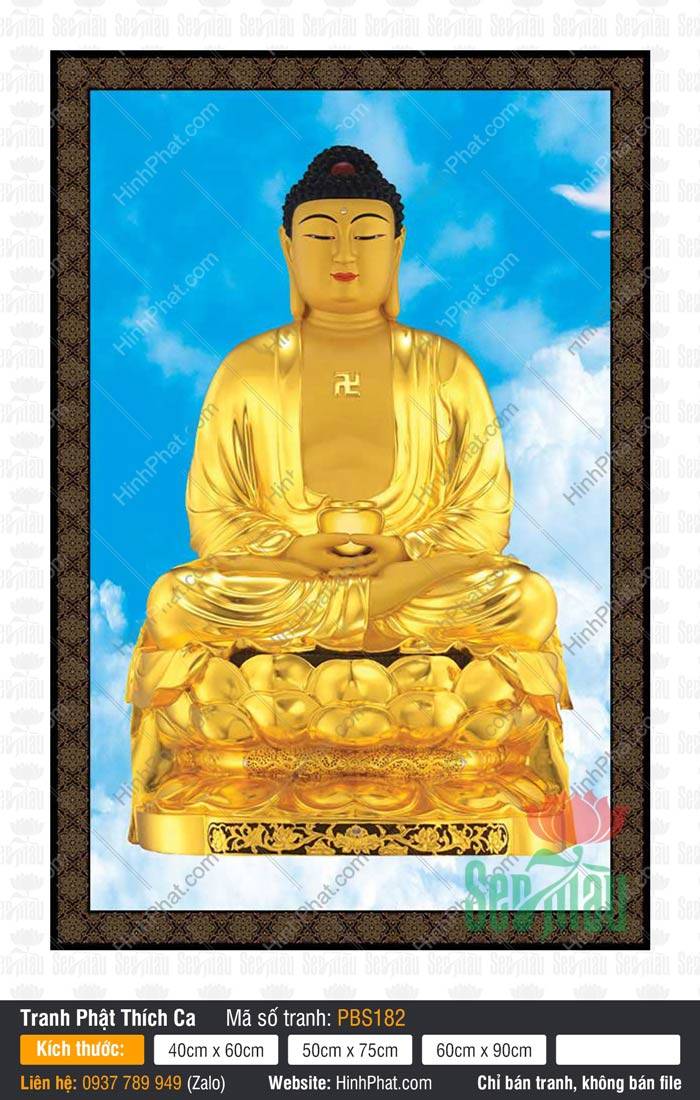 Ảnh Phật Thích Ca Đẹp PBS182 Ảnh Phật Thích Ca Đẹp PBS182, Đức Phật Thích Ca kim thân tọa đài sen vàng trên mây