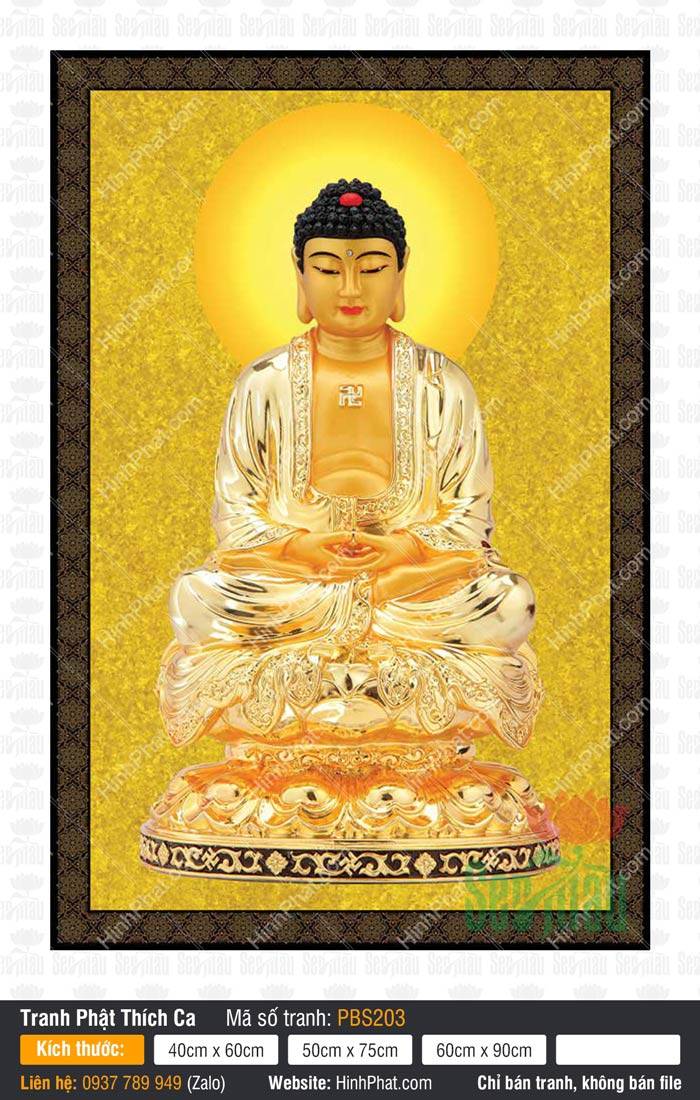 Ảnh Phật Thích Ca Đẹp PBS203 Ảnh Phật Thích Ca Đẹp PBS203 kim thân tỏa hào quang vàng rực tọa trên tòa sen