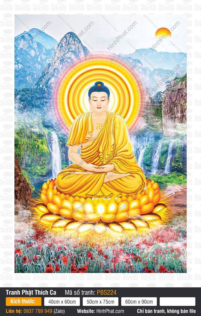Ảnh Phật Thích Ca Đẹp PBS224 Tôn ảnh Ảnh Phật Thích Ca Đẹp PBS224 ngự trên tòa sen vàng rực rỡ giữa phong cảnh thác nước