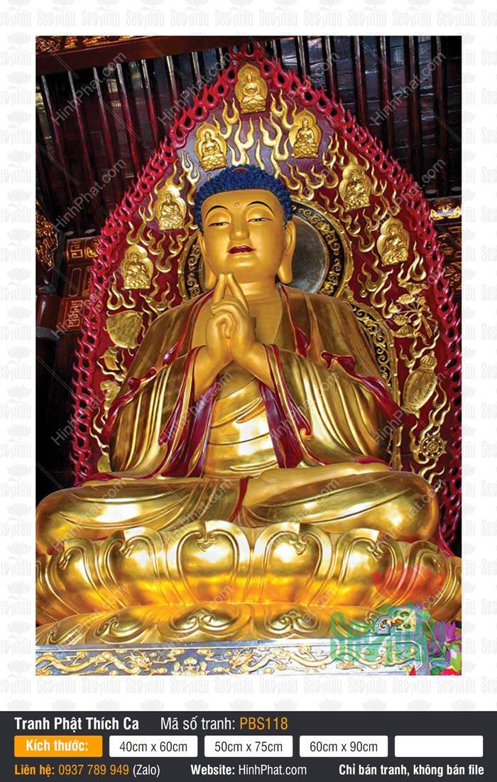 Ảnh Phật Thích Ca PBS118 Ảnh Phật Thích Ca PBS118 tượng vàng chắp tay hào quang lửa đỏ đài sen vàng
