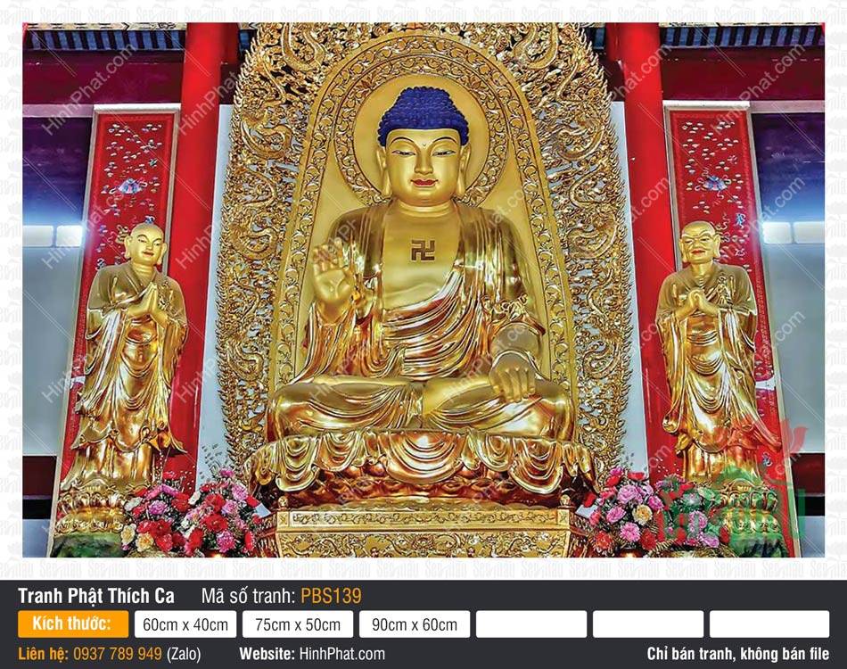 Ảnh Phật Thích Ca PBS139 Ảnh Phật Thích Ca PBS139 tôn tượng vàng kim ngự tòa sen giữa nhị vị đệ tử đứng chắp tay