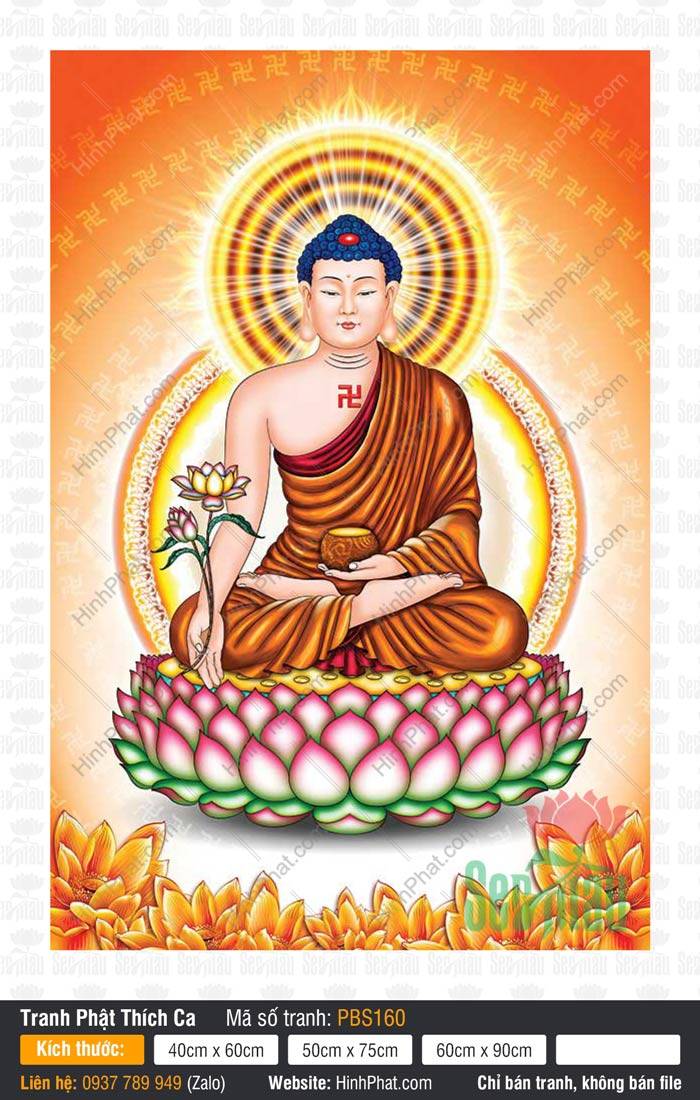 Ảnh Phật Thích Ca PBS160 Ảnh Phật Thích Ca PBS160 khắc họa Đức Thế Tôn cầm nhành sen tọa trên đài sen hồng rực rỡ
