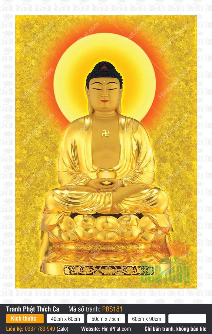 Ảnh Phật Thích Ca PBS181 Đức Phật Thích Ca PBS181 toàn thân sắc vàng kim đang nâng bát bảo tọa đài sen.