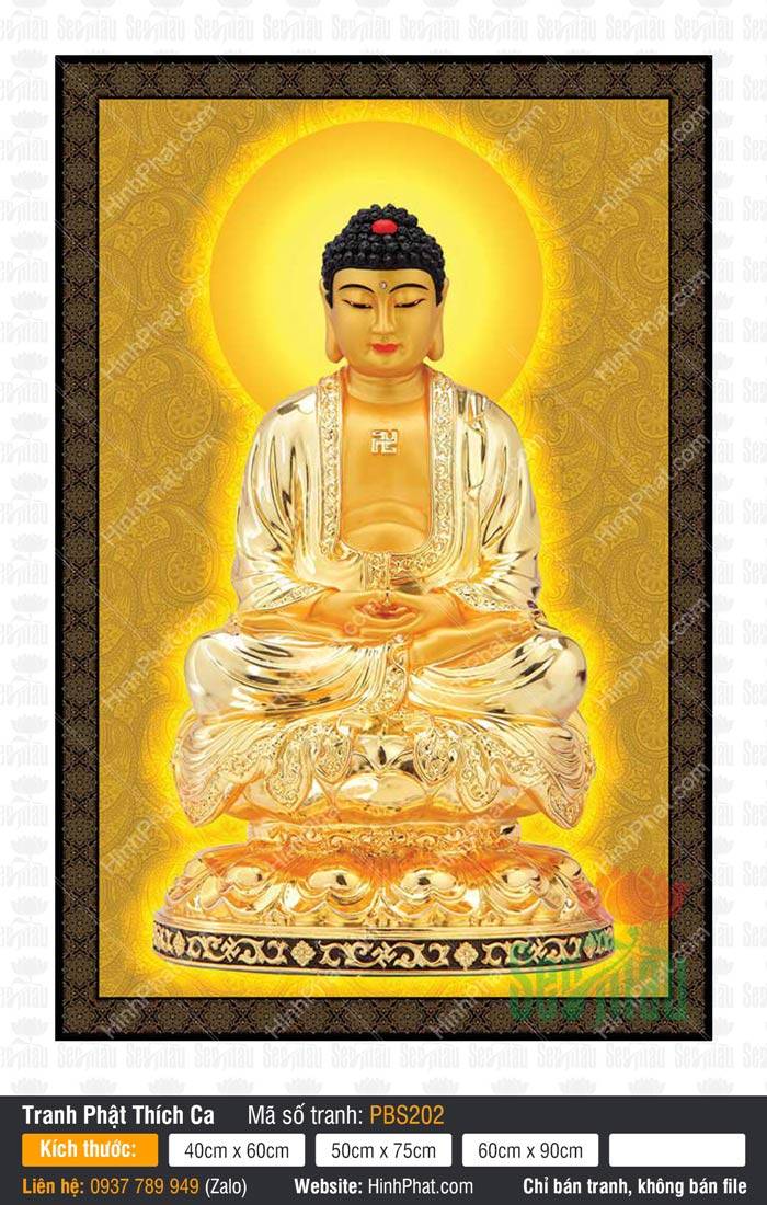 Ảnh Phật Thích Ca PBS202 Ảnh Phật Thích Ca PBS202 tôn tượng sắc vàng kim ngự tọa đài sen vàng uy nghi rực rỡ