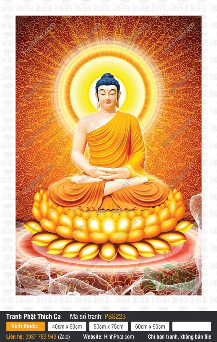 Ảnh Phật Thích Ca PBS223 Ảnh Phật Thích Ca PBS223 Đức Phật ngồi thiền định trên tòa sen vàng hào quang rực rỡ