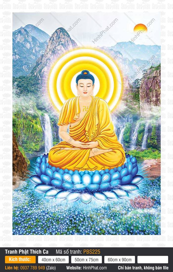 Bổn Sư Thích Ca Mâu Ni Phật PBS225 Hình Bổn Sư Thích Ca Mâu Ni Phật PBS225 ngự tòa sen xanh giữa phong cảnh núi rừng thác nước