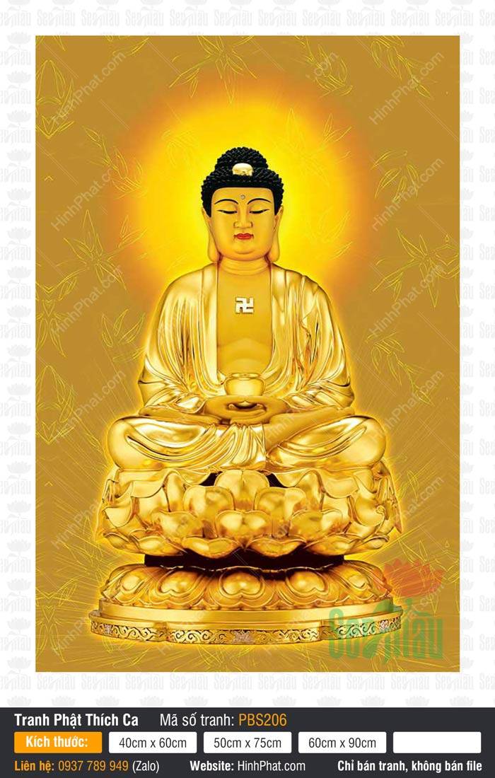 Đức Phật Thích Ca Đẹp PBS206 Đức Phật Thích Ca Đẹp PBS206 kim thân vàng rực rỡ tọa thiền trên đài sen tỏa hào quang