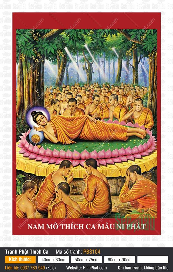 Hình Ảnh Phật Thích Ca PBS104 Hình Ảnh Phật Thích Ca PBS104 khắc họa cảnh Đức Thế Tôn nằm nghiêng nhập Niết Bàn dưới rừng cây Sa La