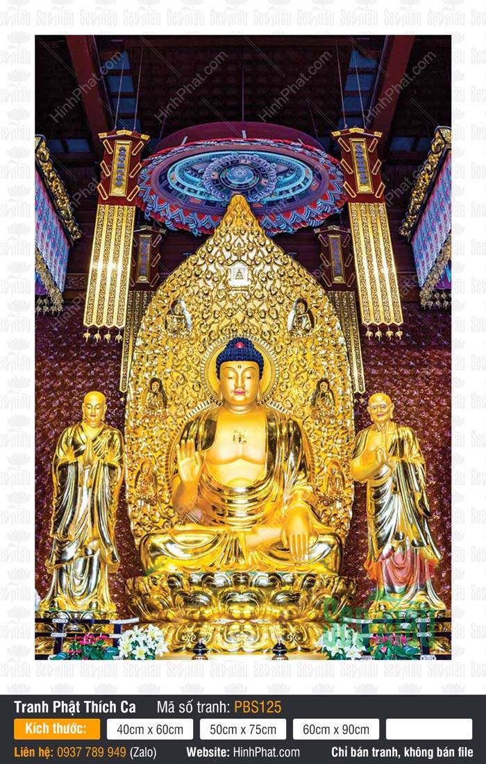 Hình Ảnh Phật Thích Ca PBS125 Hình Ảnh Phật Thích Ca PBS125 với tôn tượng vàng rực rỡ và hai vị thị giả trang nghiêm