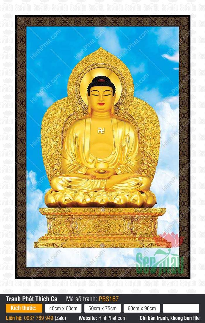 Hình Ảnh Phật Thích Ca PBS167 Hình Ảnh Phật Thích Ca PBS167 tôn tượng vàng nâng bát bảo tọa đài sen giữa trời xanh