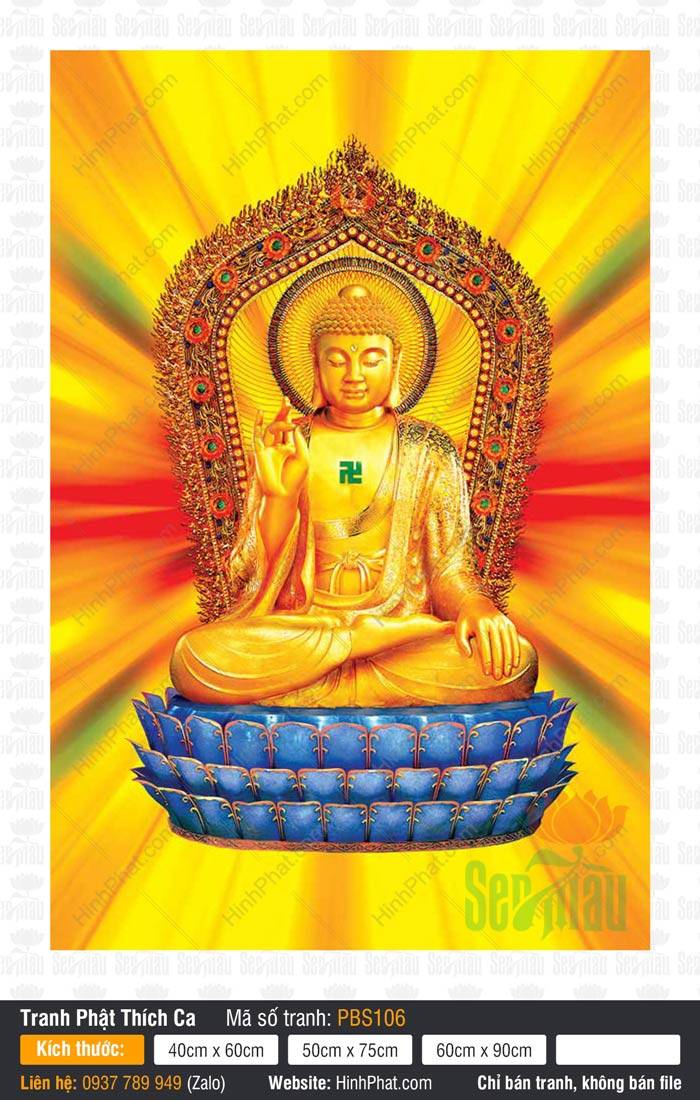 Hình Phật Thích Ca Đẹp PBS106 Hình Phật Thích Ca Đẹp PBS106 đức Phật ngồi đài sen xanh lưng tựa hào quang vàng rực