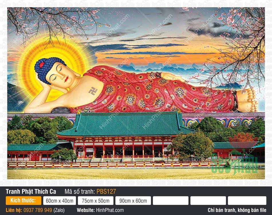 Hình Phật Thích Ca Đẹp PBS127 Hình Phật Thích Ca Đẹp PBS127 tư thế nằm nhập Niết Bàn trên mái chùa uy nghiêm