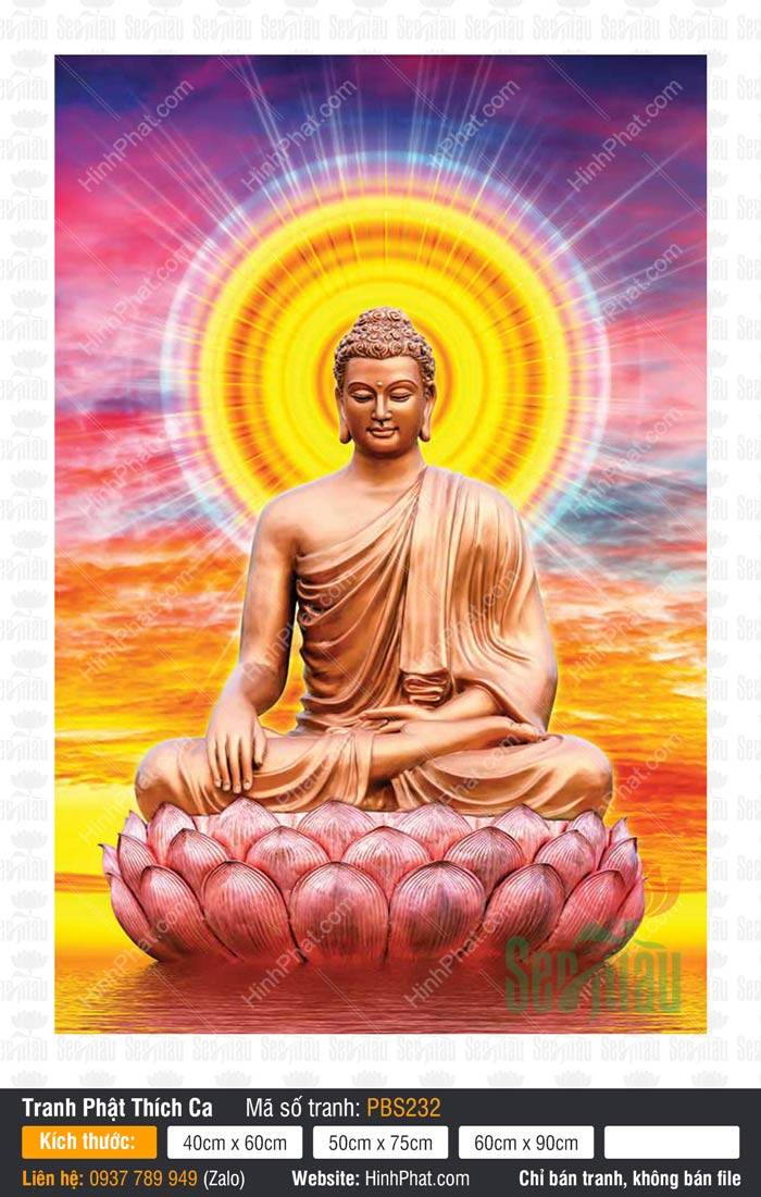 Hình Phật Thích Ca Đẹp PBS232 Hình Phật Thích Ca Đẹp PBS232 ngồi thiền trên tòa sen hồng hào quang vàng tỏa rạng rực rỡ