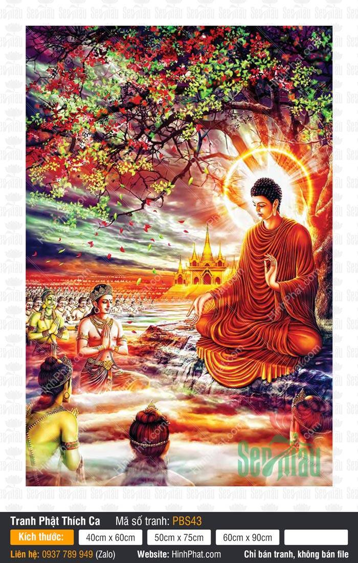 Hình Phật Thích Ca Đẹp PBS43 Hình Phật Thích Ca Đẹp PBS43 ngự dưới cội cây hoa đang thuyết pháp cho chư Thiên