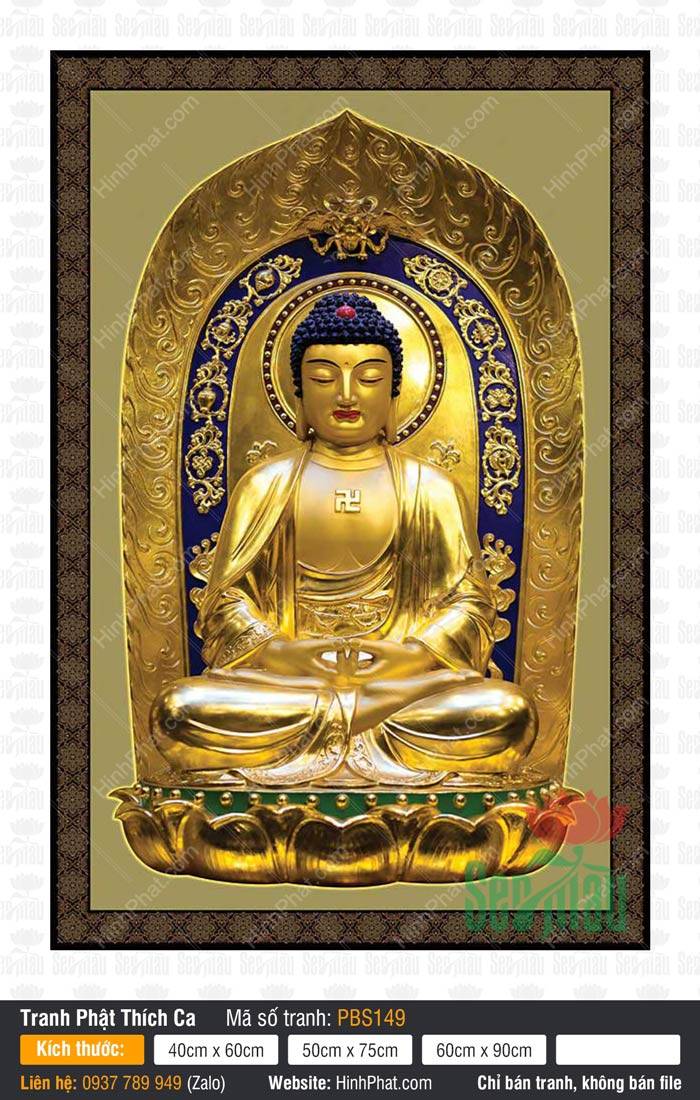 Hình Phật Thích Ca Khổ Lớn PBS149 Hình Phật Thích Ca Khổ Lớn PBS149 tôn tượng vàng kim tọa thiền trên đài sen hào quang xanh