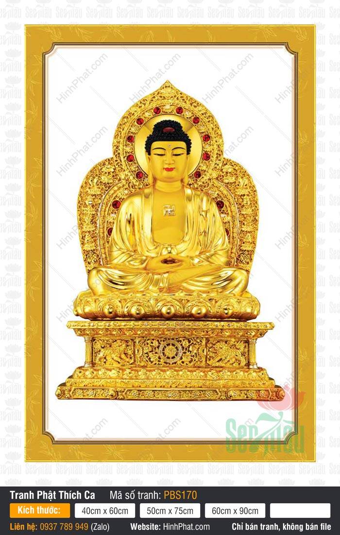 Hình Phật Thích Ca Khổ Lớn PBS170 Hình Phật Thích Ca Khổ Lớn PBS170 tôn tượng sắc vàng kim rực rỡ ngự trên tòa sen báu