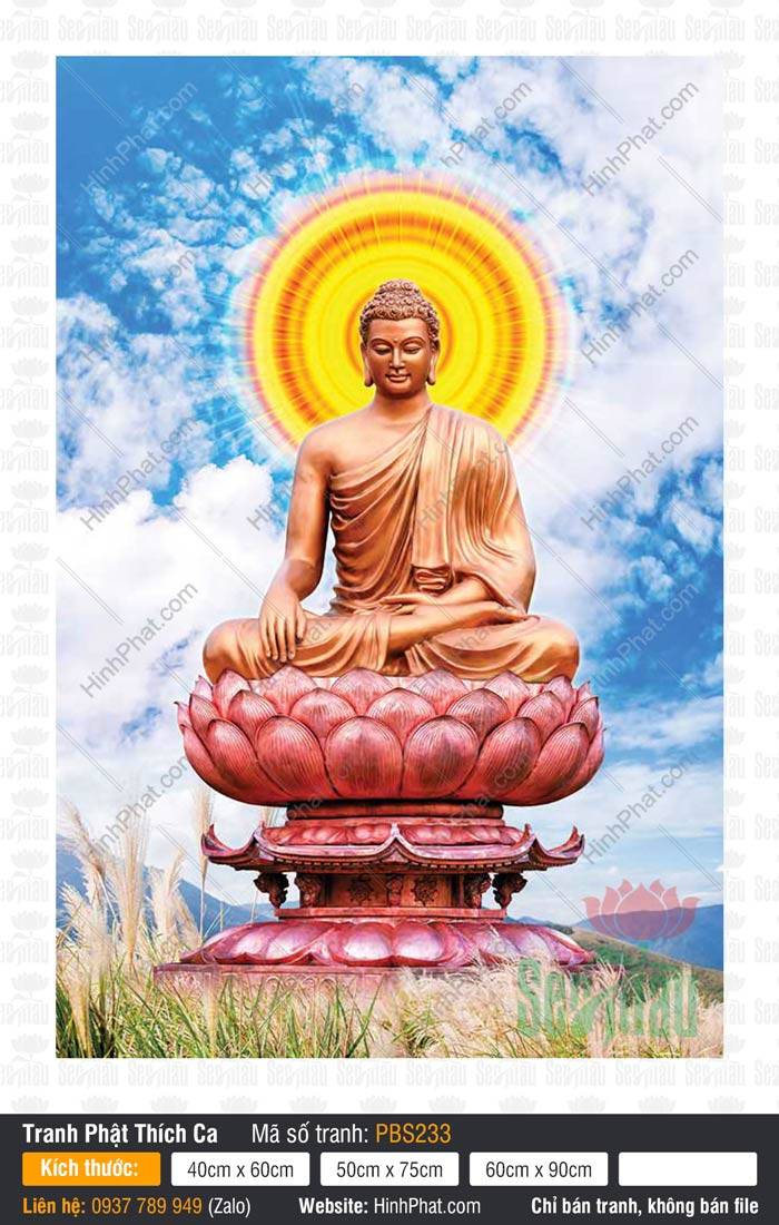 Hình Phật Thích Ca Khổ Lớn PBS233 Tôn ảnh Hình Phật Thích Ca Khổ Lớn PBS233 ngự trên đài sen hồng giữa nền trời mây xanh
