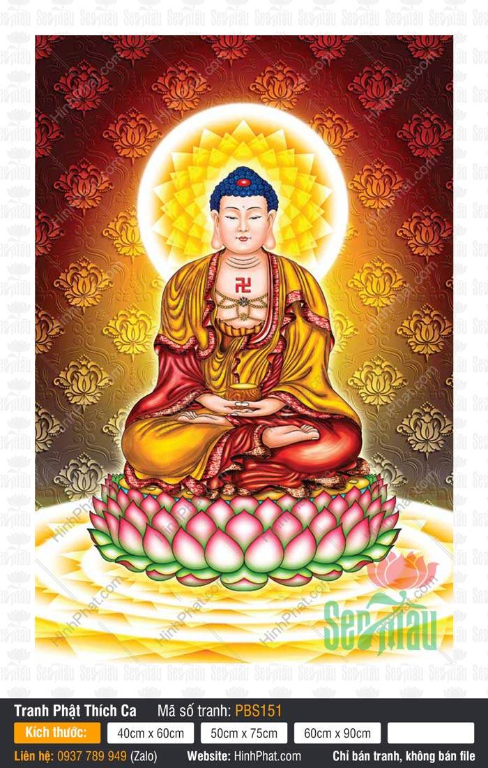 Hình Phật Thích Ca Mâu Ni Đẹp PBS151 Hình Phật Thích Ca Mâu Ni Đẹp PBS151, Đức Phật cầm bình bát ngồi đài sen hồng rực rỡ