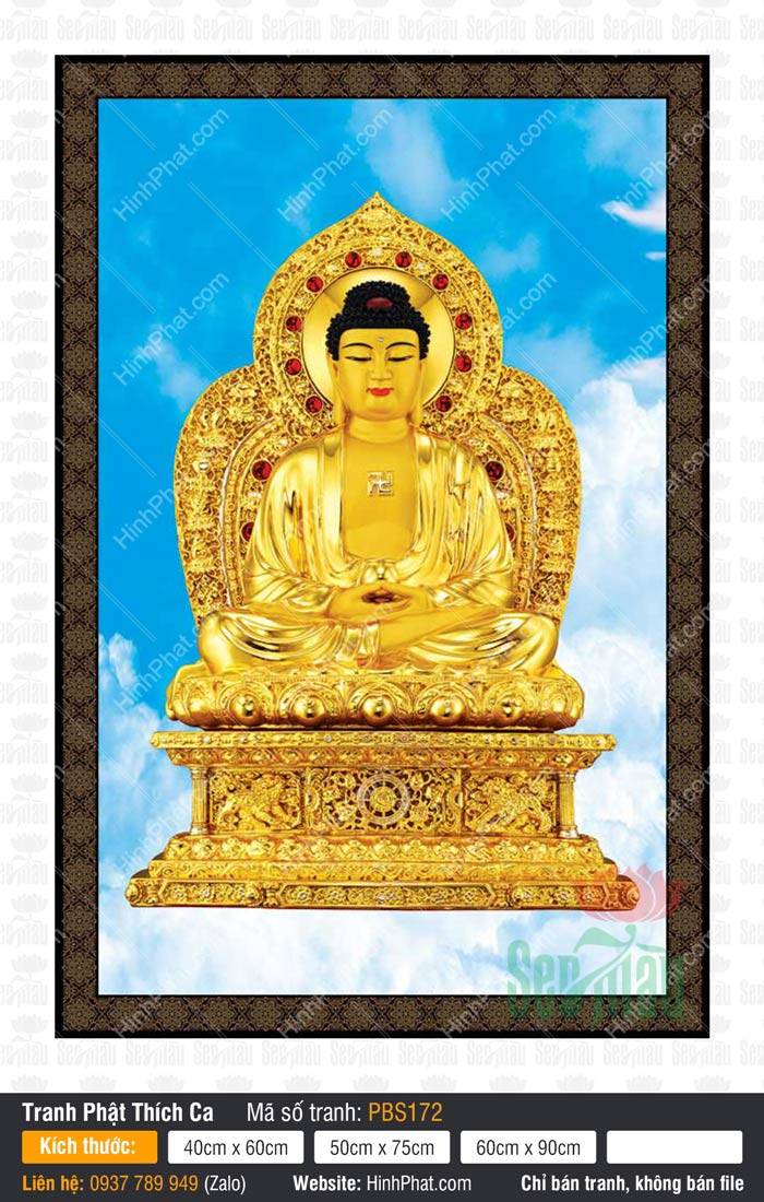 Hình Phật Thích Ca Mâu Ni Đẹp PBS172 Tôn tượng sắc vàng ngự đài sen báu trong bức Hình Phật Thích Ca Mâu Ni Đẹp.