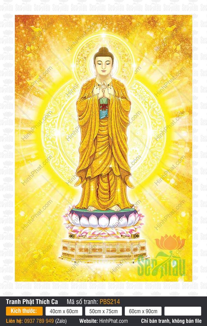 Hình Phật Thích Ca Mâu Ni Đẹp PBS214 Hình Phật Thích Ca Mâu Ni Đẹp PBS214 Phật đứng chắp tay trên đài sen hồng hào quang tỏa sáng