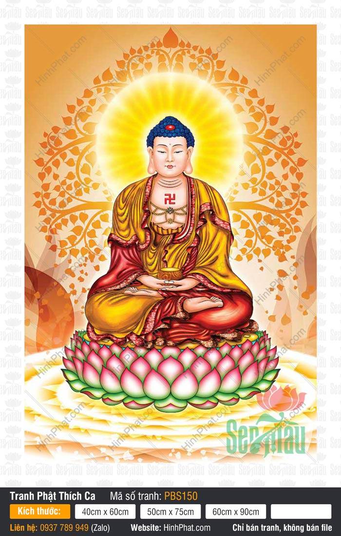 Hình Phật Thích Ca Mâu Ni PBS150 Hình Phật Thích Ca Mâu Ni PBS150 thiền định bưng bát báu trên đài sen hồng dưới tán cây bồ đề vàng