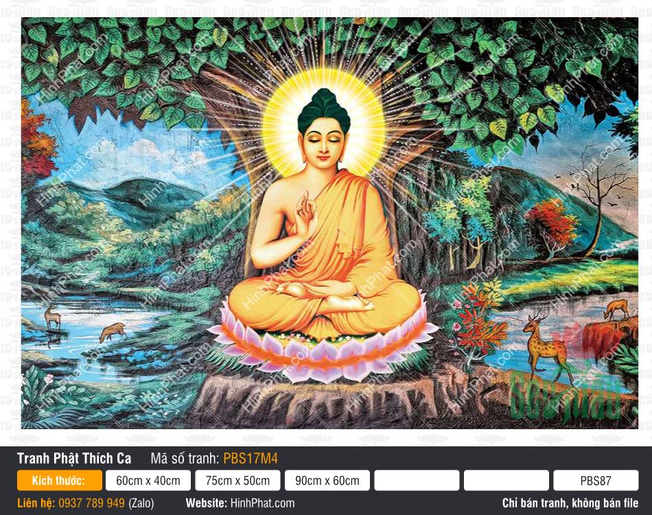 Hình Phật Thích Ca Mâu Ni PBS17M4 Hình Phật Thích Ca Mâu Ni PBS17M4 ngự tọa đài sen hồng dưới gốc cây Bồ Đề hào quang rực rỡ