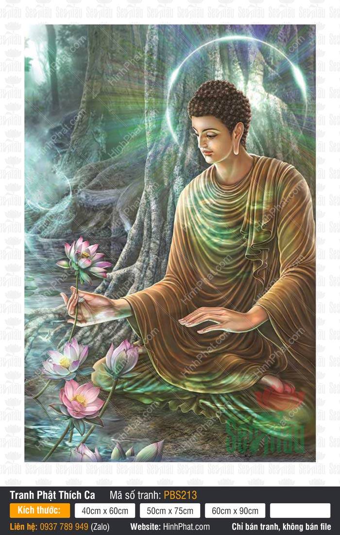 Hình Phật Thích Ca Mâu Ni PBS213 Hình Phật Thích Ca Mâu Ni PBS213 Ngài tọa dưới gốc Bồ Đề cầm đóa sen hồng
