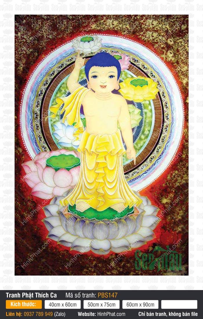 Hình Phật Thích Ca PBS147 Hình Phật Thích Ca PBS147 khắc họa tượng Đản Sanh mặc y vàng đứng trên tòa sen trắng tinh khiết
