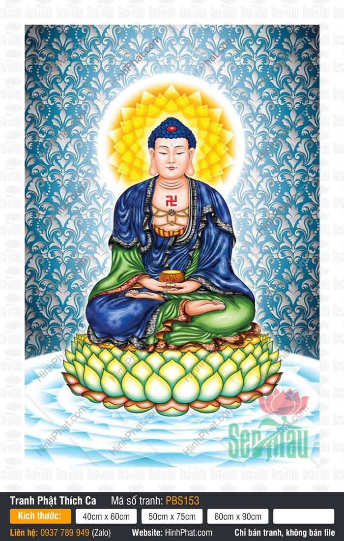 Phật Thích Ca Đẹp PBS153 Phật Thích Ca Đẹp PBS153 ngự tòa sen xanh vàng, tay nâng bình bát vàng rực rỡ