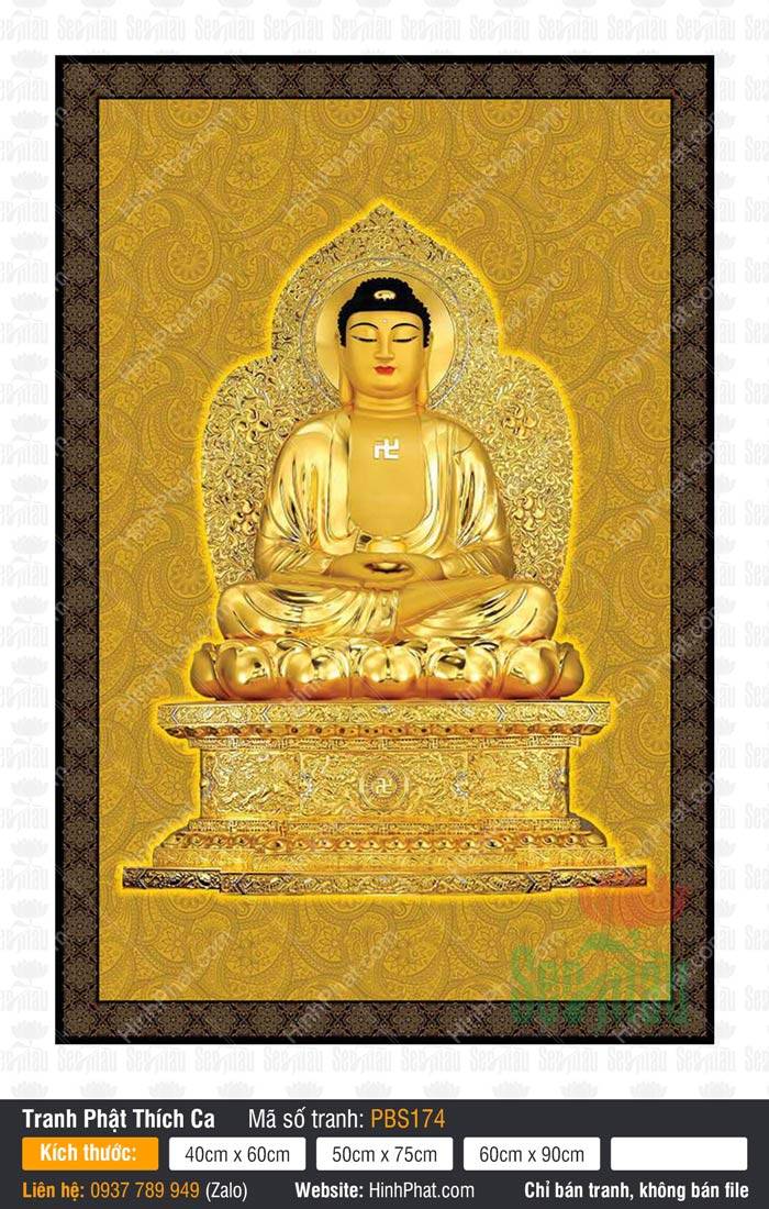 Phật Thích Ca Đẹp PBS174 Bức tranh Phật Thích Ca Đẹp PBS174 khắc họa tôn tượng vàng kim ngồi kiết già trang nghiêm
