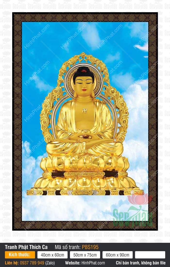 Phật Thích Ca Đẹp PBS195 Phật Thích Ca Đẹp PBS195 ngồi thiền định ôm bát vàng giữa nền trời mây trắng