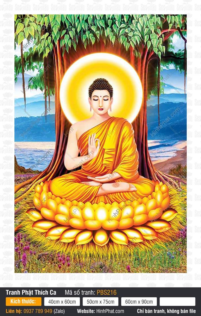 Phật Thích Ca Đẹp PBS216 Phật Thích Ca Đẹp PBS216 tọa thiền trên tòa sen vàng rực rỡ dưới tán cây Bồ Đề