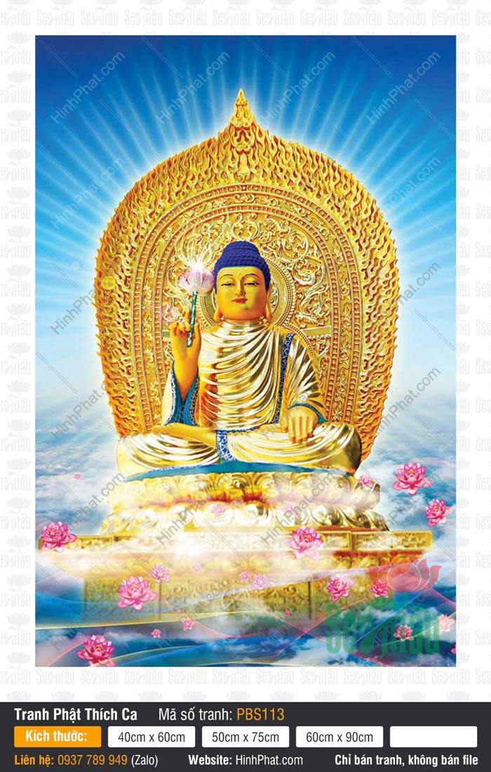Phật Thích Ca Mâu Ni Đẹp PBS113 Phật Thích Ca Mâu Ni Đẹp PBS113 tôn tượng vàng cầm hoa sen ngự hào quang rực rỡ giữa trời xanh